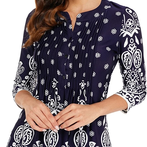Tops - Purple Floral 3/4 Sleeve Flowy Tunic Blouse
